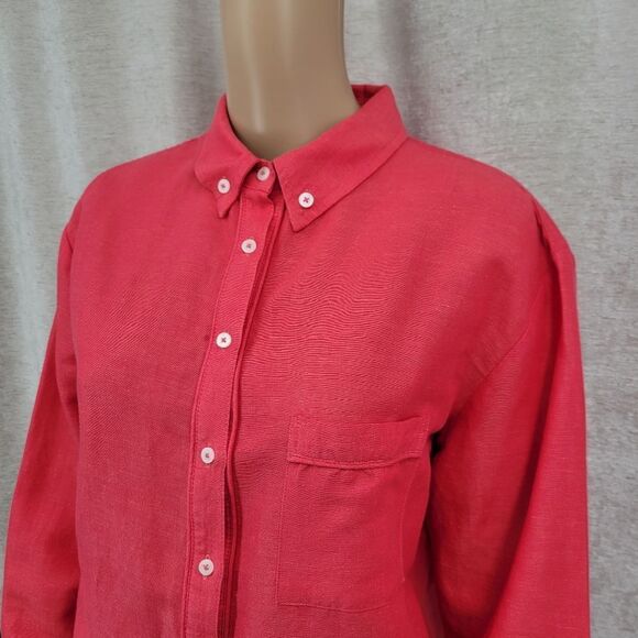 Anthropologie Maeve Coral Red Linen Button Down Blouse Long Sleeve Shirt - Picture 2 of 11